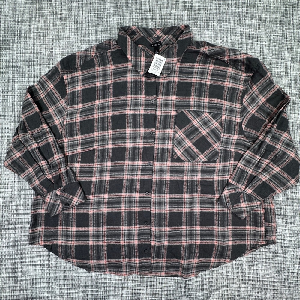 Torrid Women's 4X Pink Black Plaid Flannel Button Up Shirt 100% Cotton NWT